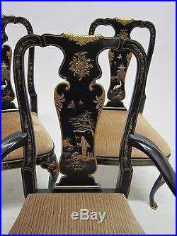 Set Of Six Asian Black Laquered Mother Pearl Gold Leaf Dining Room Chairs