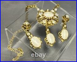 Set Of West Germany Frosted Faux Pearl Gold Filigree Earrings Necklace VTG