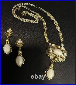 Set Of West Germany Frosted Faux Pearl Gold Filigree Earrings Necklace VTG