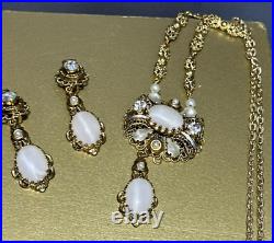 Set Of West Germany Frosted Faux Pearl Gold Filigree Earrings Necklace VTG