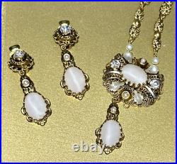 Set Of West Germany Frosted Faux Pearl Gold Filigree Earrings Necklace VTG