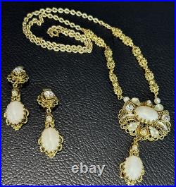 Set Of West Germany Frosted Faux Pearl Gold Filigree Earrings Necklace VTG