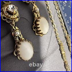 Set Of West Germany Frosted Faux Pearl Gold Filigree Earrings Necklace VTG