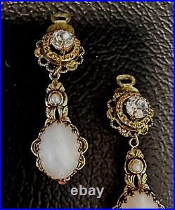 Set Of West Germany Frosted Faux Pearl Gold Filigree Earrings Necklace VTG