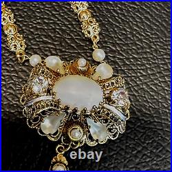 Set Of West Germany Frosted Faux Pearl Gold Filigree Earrings Necklace VTG