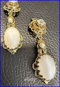 Set Of West Germany Frosted Faux Pearl Gold Filigree Earrings Necklace VTG