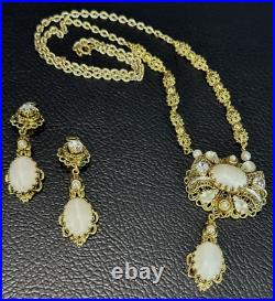 Set Of West Germany Frosted Faux Pearl Gold Filigree Earrings Necklace VTG