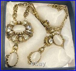 Set Of West Germany Frosted Faux Pearl Gold Filigree Earrings Necklace VTG