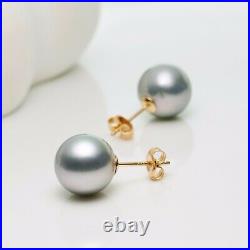 Set! Silver Tahitian Saltwater Pearl Strand Necklace&Stud Earrings Solid 14K Gold