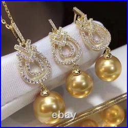 Set of 10-11mm South Sea Genuine Gold Round Pearl Pendant Earring Jewelry 668