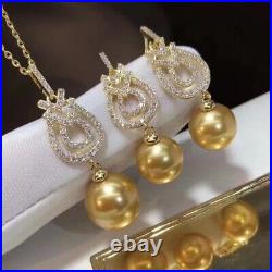 Set of 10-11mm South Sea Genuine Gold Round Pearl Pendant Earring Jewelry 668