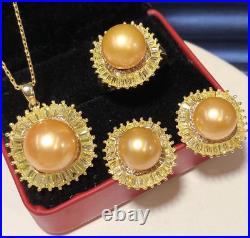 Set of 12mm South Sea Genuine Gold Round Pearl Necklace Pendant Earring Ring