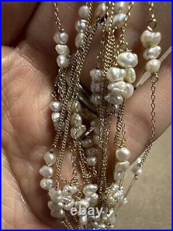Set of 2 Vintage Marked 585 14K Gold and Rice Pearl Station Long Necklaces 16g