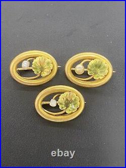 (Set of 3) 14K Solid Yellow Gold Art Nouveau Enamel Pearl Cluster Pins (4.3g)