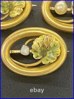 (Set of 3) 14K Solid Yellow Gold Art Nouveau Enamel Pearl Cluster Pins (4.3g)