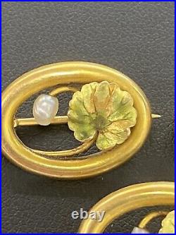 (Set of 3) 14K Solid Yellow Gold Art Nouveau Enamel Pearl Cluster Pins (4.3g)