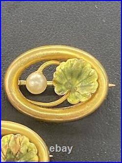 (Set of 3) 14K Solid Yellow Gold Art Nouveau Enamel Pearl Cluster Pins (4.3g)