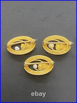 (Set of 3) 14K Solid Yellow Gold Art Nouveau Enamel Pearl Cluster Pins (4.3g)