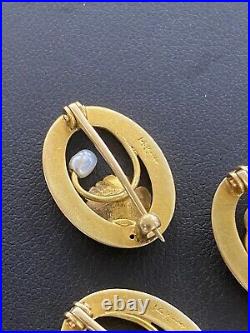 (Set of 3) 14K Solid Yellow Gold Art Nouveau Enamel Pearl Cluster Pins (4.3g)