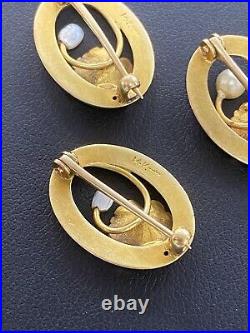 (Set of 3) 14K Solid Yellow Gold Art Nouveau Enamel Pearl Cluster Pins (4.3g)