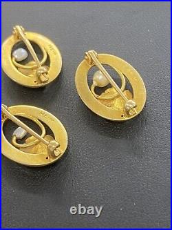 (Set of 3) 14K Solid Yellow Gold Art Nouveau Enamel Pearl Cluster Pins (4.3g)