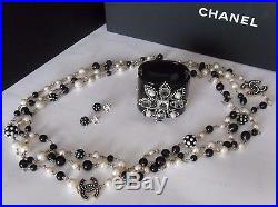 Set of 3 CHANEL Black & White Dot Gold CC Pearl Necklace + Cuff + Earrings NWT