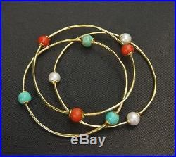 Set of 3 Early Ippolita 18K Yellow Gold Bangle Bracelets Coral, Turquoise, Pearl