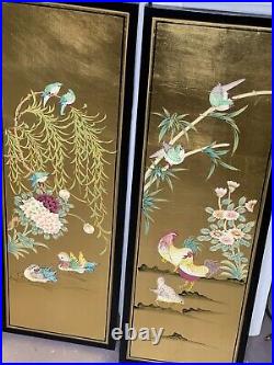 Set of 4 Vintage Asian Black Gold Lacquer Mother of Pearl Wall Panels Art Birds