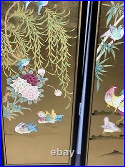 Set of 4 Vintage Asian Black Gold Lacquer Mother of Pearl Wall Panels Art Birds