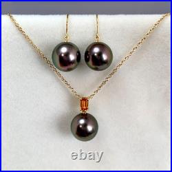 Set10.5-10.7mm peacock Tahitian pearl earrings&pendant, 18k solid yellow gold Set10.5-10.7mm peacock Tahitian pearl earrings&pendant, 18k solid yellow gold