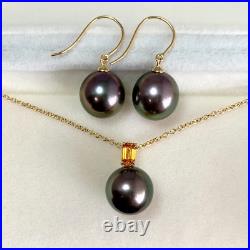 Set10.5-10.7mm peacock Tahitian pearl earrings&pendant, 18k solid yellow gold Set10.5-10.7mm peacock Tahitian pearl earrings&pendant, 18k solid yellow gold