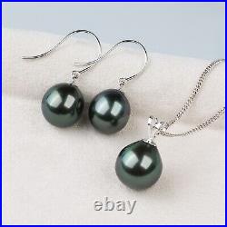 SetFlawless Teardrop Green Tahitian Pearl Earrings&Pendant 18K Solid White Gold