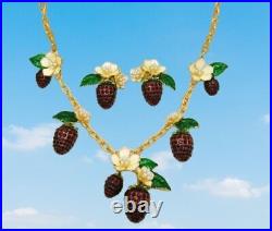 Sign OSCAR DE LA RENTA Strawberry, Flower, Enamel Leaf Necklace & Earring SET