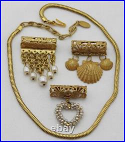 Signd MIRIAM HASKELL Gold Chain Necklace w 3 Interchangeable Pendants Pearl Set