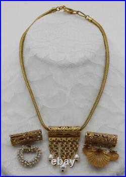 Signd MIRIAM HASKELL Gold Chain Necklace w 3 Interchangeable Pendants Pearl Set