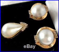 Signed 14k Solid Yellow Gold Mabe Pearl & Diamond Earrings & Pendant Set