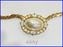 Signed Christian Dior Germany Gold Tone Pearl & Crystal Necklace & Earrings Set