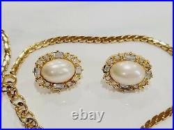 Signed Christian Dior Germany Gold Tone Pearl & Crystal Necklace & Earrings Set