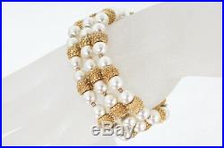 Signed Crown Trifari Gold Pearl Clip Earring Necklace Bracelet Set