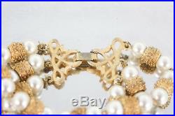 Signed Crown Trifari Gold Pearl Clip Earring Necklace Bracelet Set