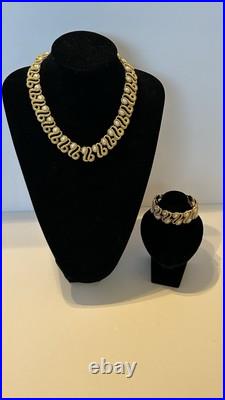 Signed Monet Vintage Gold Tone Faux Pearl Cabochons Necklace & Bracelet Set