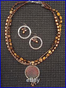 Silpada SET Tiger's Eye Bronze Pearl Pendant Necklace N1838 & Earring W1897