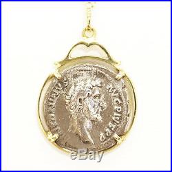 Silver Roman coin drop pendant set in 18ct gold and 14ct necklace