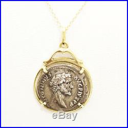 Silver Roman coin drop pendant set in 18ct gold and 14ct necklace