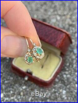 Small Victorian Emerald Earrings, Seed Pearls in 9K gold Setting / Victorian Box
