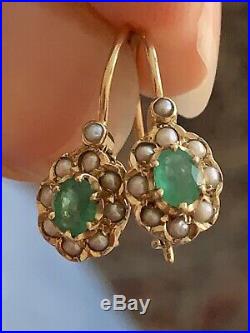 Small Victorian Emerald Earrings, Seed Pearls in 9K gold Setting / Victorian Box