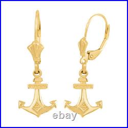 Solid 10k / 14k Yellow Gold Anchor Nautical Drop Leverback Earrings Set
