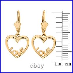 Solid 10k / 14k Yellow Gold Open Heart Love Letter Drop Leverback Earrings Set