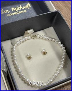 Solid 14K Gold Pearl Jewelry Set Necklace, Bracelet & Earrings