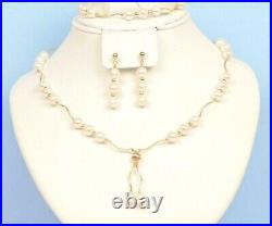 Solid 14K Yellow Gold Natural Genuine White Pearl Set